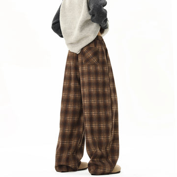 Winter Trendy Tartan Fleeced Plaid Casual Pants Men's Loose Straight Warm Long Pants Mopping Trousers For Men Black/Coffee